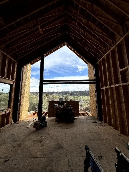 Interior view of a framed gable roof on a new build