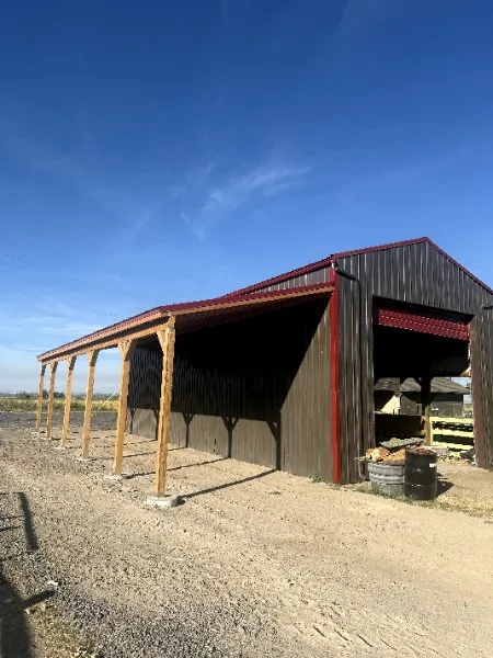 Side view of a finished steel pole barn with a long timber-post lean-to